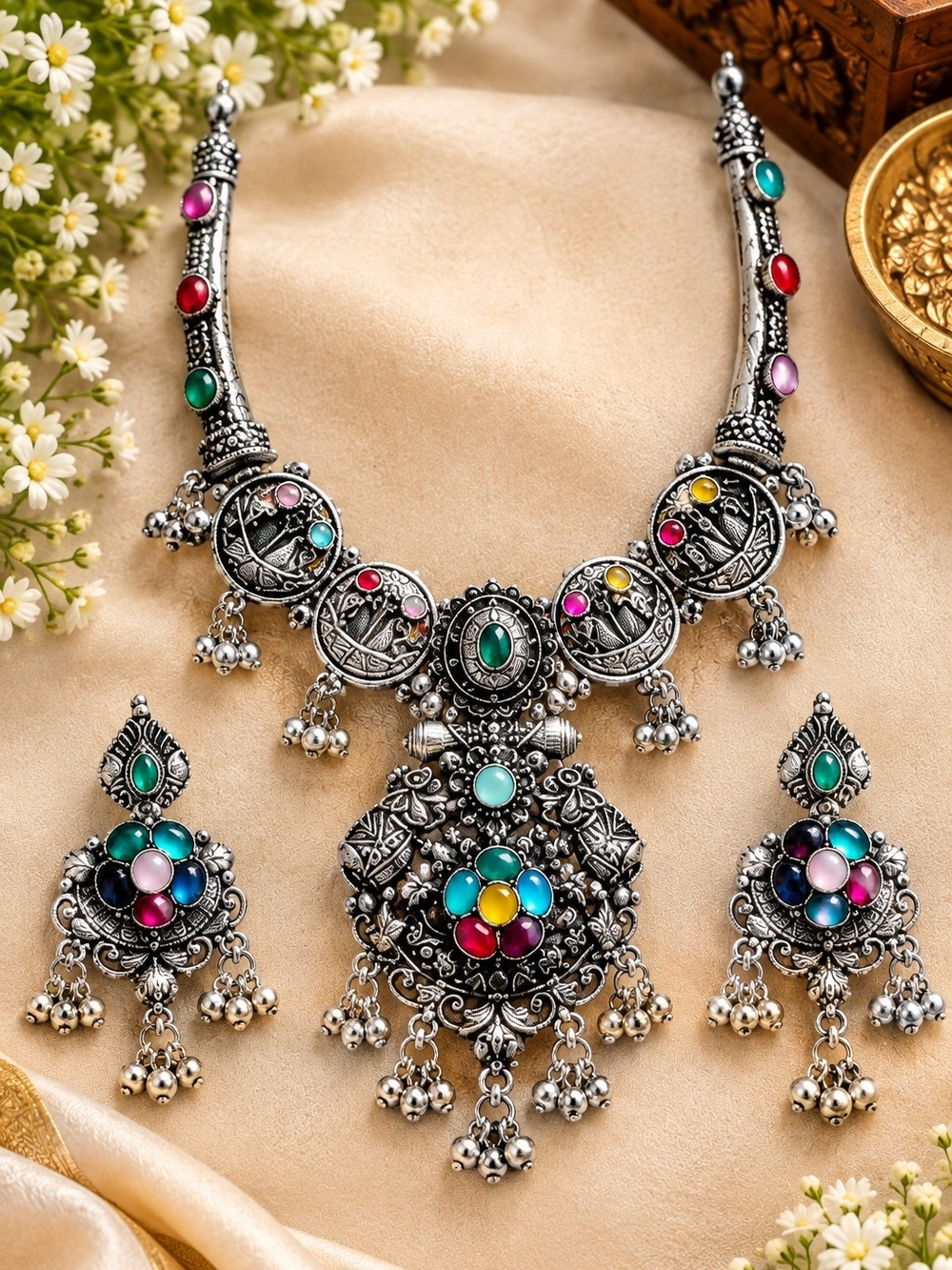 Bohemian Multicolor Oxidized Silver Necklace & Earring Set